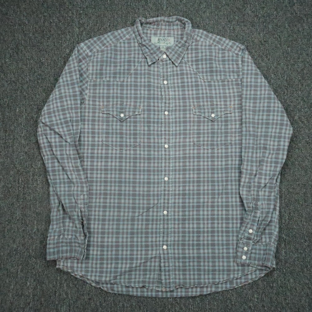 Ryan Michael Shirt Mens XXL Blue Plaid Long Sleeve Western Pearl Snap 2XL